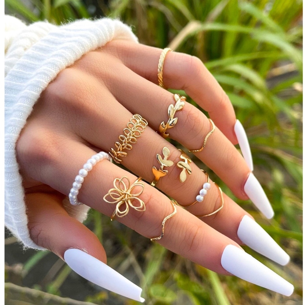 10 Rings Bundle Set Fashion Jewelry Gold Tone Faux Pearls
